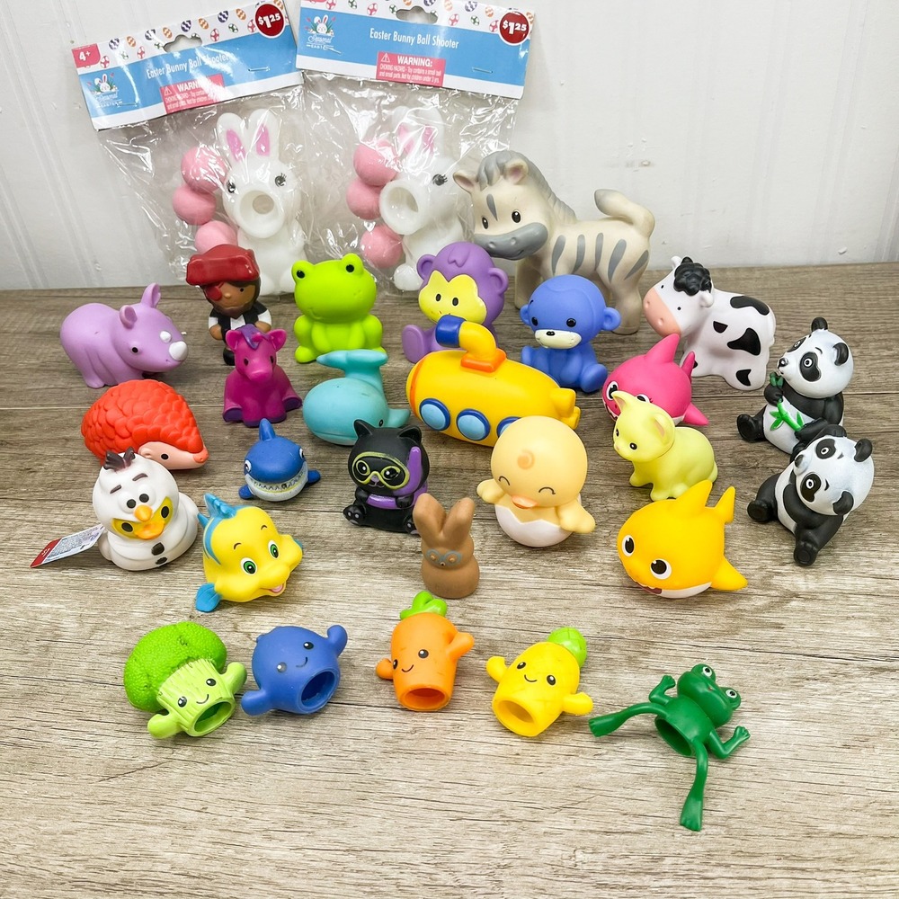 Mixed Bath Toy Lot Disney Olaf Flounder Easter Bunny Ball Shooters Animals